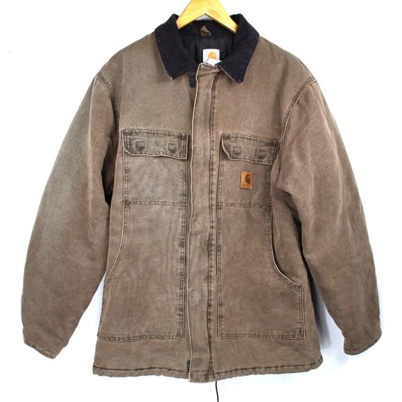 Carhartt VTG 90's Brown C26 CHT Duck Canvas Quilt Lined Jacket Sz LT Distressed - Picture 1 of 12